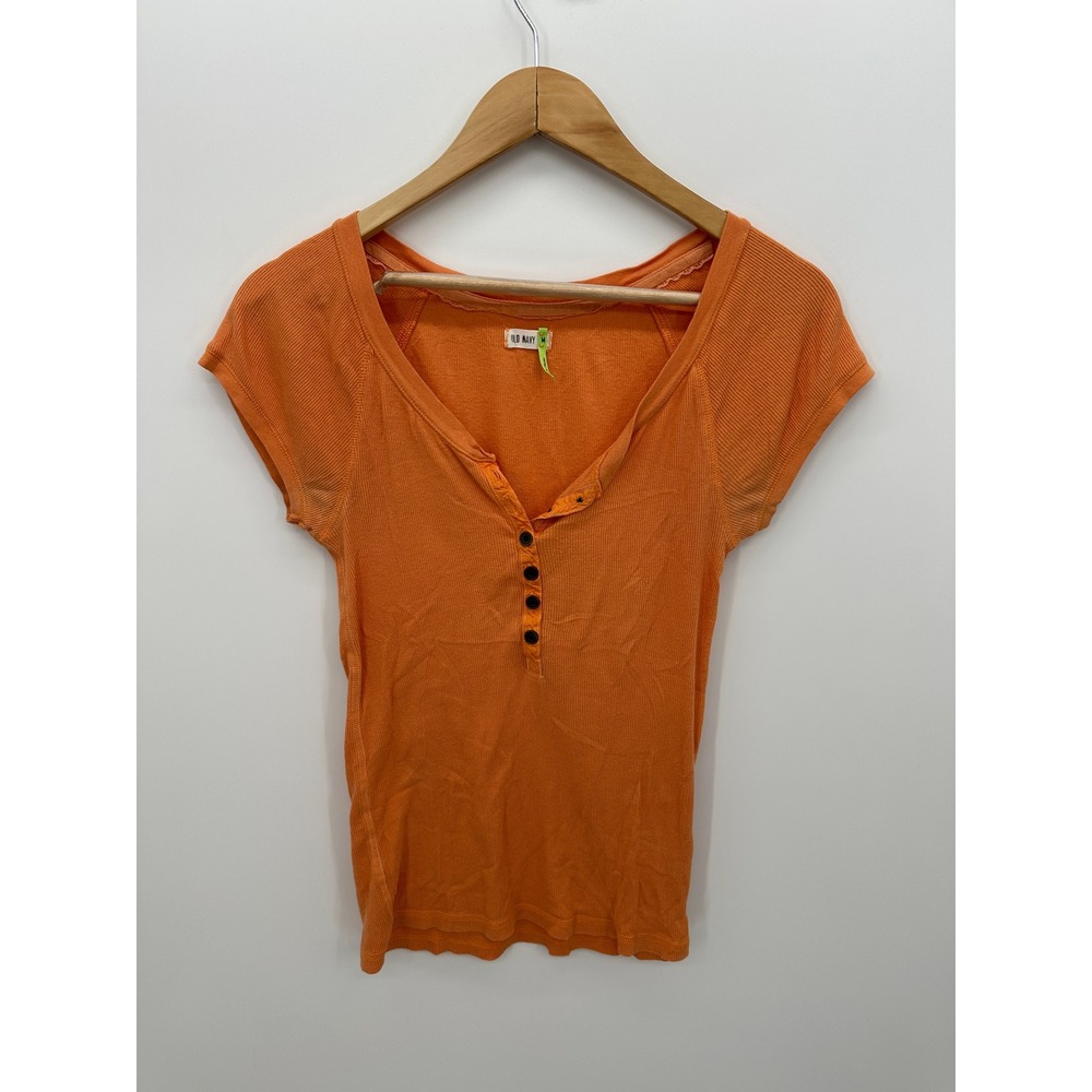 Old Navy Y2K Orange Henley Button Top Sz M Stretch Vintage Short Sleeve Fitted